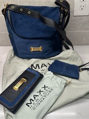 Maxx New York blue suede bucket back purse with matching wallet and wristlet